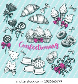 Confectionery banner with christmas or new year candy stick or cane, ice cream in waffle cone, lollipop in form of heart and cookie as fir tree, donut or doughnut. Bakery and pastry, sweets theme