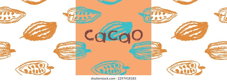 Confectionery banner with cocoa beans seamless pattern. Vector hand drawn Cacao beans background for chocolate packaging ornament or powder. Cocoa plant illustration label design. Organic cacao butter