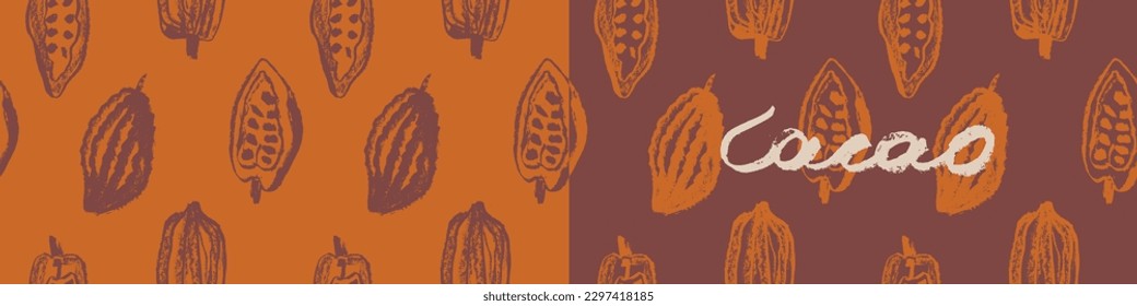 Confectionery banner with cocoa beans seamless pattern. Vector hand drawn Cacao beans background for chocolate packaging ornament or powder. Cocoa plant illustration label design. Organic cacao butter