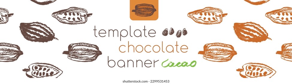 Confectionery banner with cocoa beans seamless pattern. Vector Cacao beans background for chocolate packaging or cocoa powder. Cocoa plant illustration for cosmetic label design. Organic cacao butter.