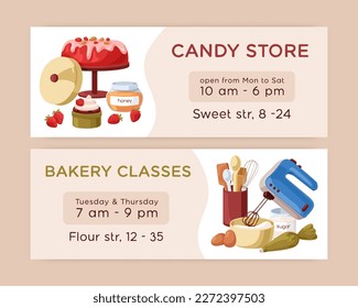 Pancartas de repostería para hornear, talleres de cocina. Plantillas de antecedentes para publicidad para la tienda de panadería, escuela culinaria, curso de pasteles, promoción de tiendas de pasteles. Ilustraciones vectoriales planas