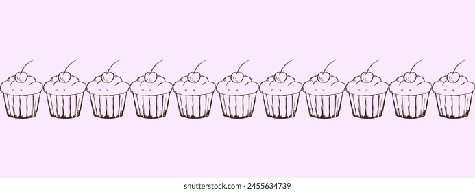 Borde de confitería para decorar la panadería. Doodle ilustraciones de Cupcakes con cerezas alineadas horizontalmente sobre fondo lila.