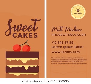 Confectionery business card with cake graphic, vector illustration isolated on beige.