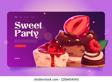 Confectionery Business Landing Page Template. Cartoon Vector Illustration Of Delicious Cake, Desserts Decorated With Sweet Chocolate, Fresh Berries. Promo Website For Bakery Or Catering Service