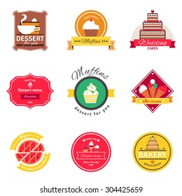 Confectionery cafe and bakery emblems with text and signs flat labels set isolated vector illustration