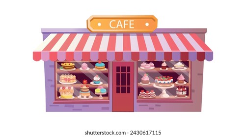 Confectionery. Cafe or Candy store. Pastry and cake shop. cakes and pastries are on the shelves. Set of holiday cakes and pastries.
 Happy birthday illustration in cartoon style