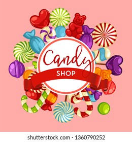 Confectionery candy shop lollipops or caramel treat vector heart and round shapes sweets and Christmas cane snack and dessert food production and shopping supermarket or grocery store round logo