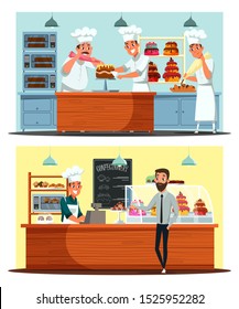 Confectionery, candy shop vector illustration set. Store customer, salesman and cooks team cartoon characters. Delicious confection sale business. Man buying sweets, confectioners making cakes