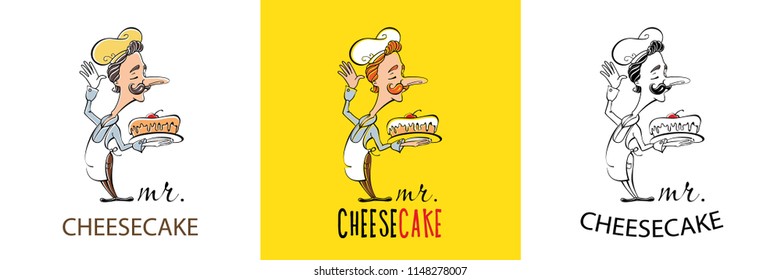 Confectionery cartoon character with a cake on a tray in his hands. Confectioner. Vector illustration