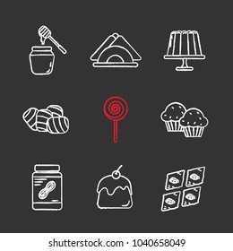 Confectionery chalk icons set. Honey jar, jelly pudding, table napkins, marshmallow, lollipop, cupcakes, peanut butter, panna cotta, baklava. Isolated vector chalkboard illustrations
