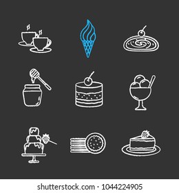 Confectionery chalk icons set. Hot drink, ice cream, strudel, honey jar, tiramisu, chocolate fountain, sandwich cookies, cheesecake. Isolated vector chalkboard illustrations