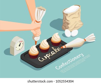 Confectionery chef isometric concept with cupcake and cream symbols vector illustration