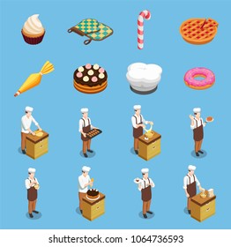 Confectionery chef isometric icons set on blue background isolated vector illustration