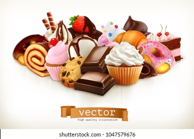Confectionery. Chocolate, cakes, cupcakes, donuts. 3d realistic vector