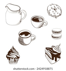Confectionery and coffee in engraving style. Vector illustrations on the theme of cafe, isolated sketches, icons, set - dessert. Drawing on a white background.