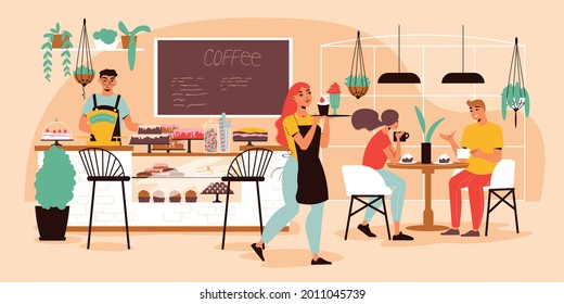 Confectionery coffee shop interior with desserts showcase visitors eating cakes waiter carrying tray and smiling cashier flat vector illustration