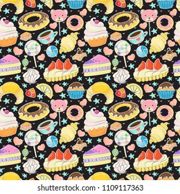 Confectionery collection on black background, seamless pattern. Vector illustration.