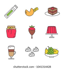 Confectionery color icons set. Chewing gum stick, fortune cookie, tiramisu, berry jam, strawberry in chocolate, pudding, coffee, meringues, fruit. Isolated vector illustrations