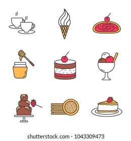 Confectionery color icons set. Hot drink, ice cream, strudel, honey jar, tiramisu, chocolate fountain, sandwich cookies, cheesecake.
Isolated vector illustrations