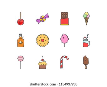 Confectionery colored line icons set with apple candy, chocolate bar, ice cream, maple syrup, cookie, cotton candy, sundae, lollipop, cupcake, popsicle.