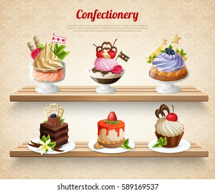 Confectionery with colorful desserts and yummy cakes on wooden shelves on textured beige background vector illustration