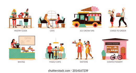 Confectionery compositions set with cafe visitors eating desserts ice cream van cake order waiters cooks flat isolated vector illustration