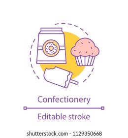 Confectionery concept icon. Sweets. Dessert idea thin line illustration. Doughnuts, cupcake, ice cream. Vector isolated outline drawing. Editable stroke