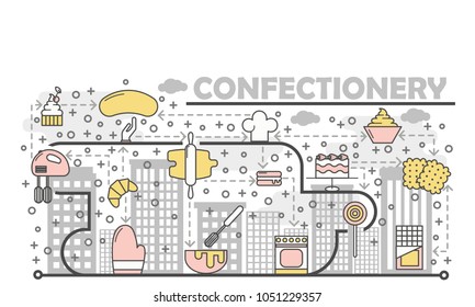 Confectionery concept vector illustration. Modern thin line art flat style design element with bakery pastry sweet food symbols, icons for website banners and printed materials.