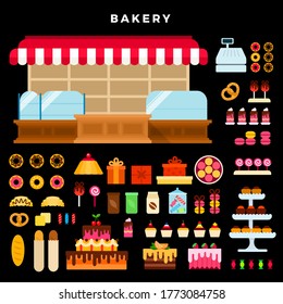 Confectionery counter and bakery products vector flat set with cakes, bread, donuts, cupcakes, croissants, biscuit, pretzel, macaroons, coffee, tea, gift wrapping on dark background