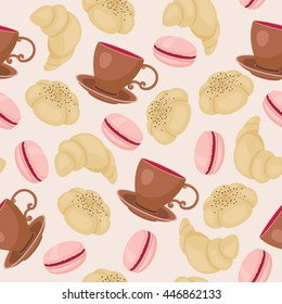 Confectionery with cup of coffee/tea seamless pattern. Vector illustration