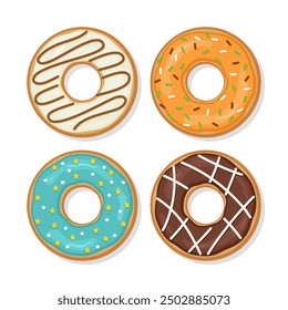 Confectionery dessert isolated on white background. Donuts with glaze and glossy icing. Top view of birthday pastry. Set sweet doughnuts. Flat cartoon design. Vector illustration.