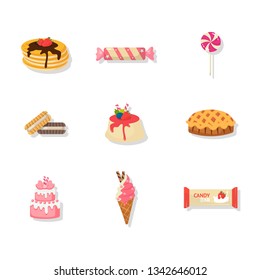 Confectionery and dessert vector illustrations set. Sweets, candy shop assortment. Pancakes, cookies, cake, ice cream, pie cliparts collection. Bakery, cafe menu isolated design element
