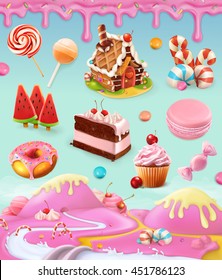 Confectionery and desserts, cake, cupcake, candy, lollipop, whipped cream, icing, set of vector graphics objects with sweet pink background