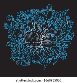 Confectionery. Desserts in a convoluted pattern. Sweets for tea. Freehand sketch. Bright outline on a black background. Twisting elements.
