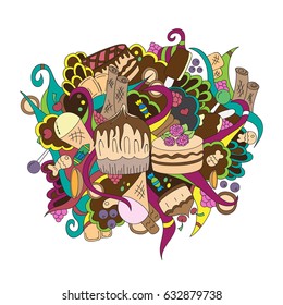 Confectionery. Desserts in a convoluted pattern. Sweets for tea. Freehand sketch. Bright illustration on a white background. Twisting elements.