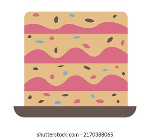 Confectionery and desserts, isolated tall pie or cake with layers of mousse, cream or glazing. Frosting on dessert, cherry or strawberry taste. Tart with sprinkles and chocolate. Vector in flat style