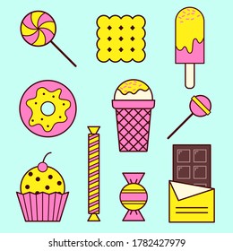 Confectionery and desserts. Strawberry and milk, cake, cupcake, candy, lollipop. Pink 3d vector icon set