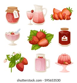 Confectionery desserts strawberry milk cake cupcake pink icon set delicious raw ripe jam and fresh product fruit healthy red berry vector illustration.