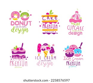 Confectionery Emblems with Sweet Cake and Sugary Dessert Vector Set