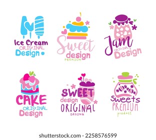 Confectionery Emblems with Sweet Cake and Sugary Dessert Vector Set