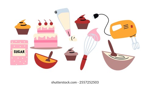 Confectionery equipment for baking pastry, desserts and sweets. Cartoon equipment: mixer, whisk, pastry bag, cakes, muffins and confectionery. Pie recipe. Stickers for culinary blogs, books, printing.