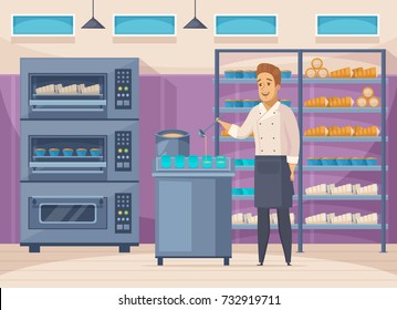 Confectionery factory cartoon composition with pastry cook filling cups with batter, shelves with sweets, ovens vector illustration