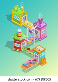 Confectionery factory cartoon concept with donuts and sweets production symbols vector illustration