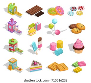 Confectionery factory set of sixteen isolated candy and pastry items pieces of cake donuts and chocolate vector illustration