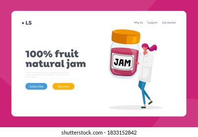 Confectionery Factory Sweet Production Landing Page Template. Tiny Female Character in White Robe Hold Huge Glass Jar with Jam. Desserts for Distribution, Retail in Sore. Cartoon Vector Illustration