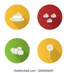 Confectionery flat design long shadow glyph icons set. Coffee house menu. Cheesecake, meringues, marshmallow, spiral lollipop. Vector silhouette illustration