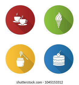 Confectionery flat design long shadow glyph icons set. Coffee house menu. Hot drink, ice cream cone, honey jar, tiramisu. Vector silhouette illustration