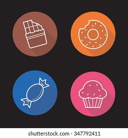 Confectionery flat linear icons set. Chocolate bar, bitten donut, caramel candy and cupcake. Bakery, dessert, snacks and sweets long shadow outline logo concepts. Vector line art illustrations