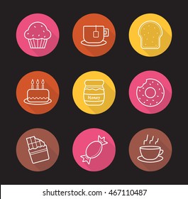 Confectionery flat linear long shadow icons set. Pastry. Sweet food. Muffin with raisins, steaming teacup, toast, birthday cake, honey pot, donut, chocolate bar, caramel candy. Vector line symbols