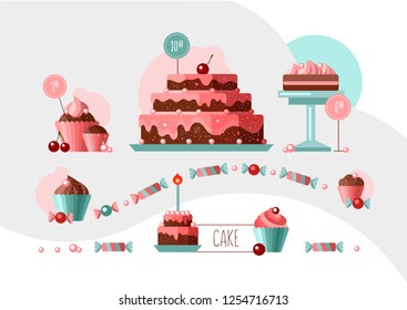 Confectionery. Flat style vector illustration. Cake composition, pastries and sweets with a light background with price tags.